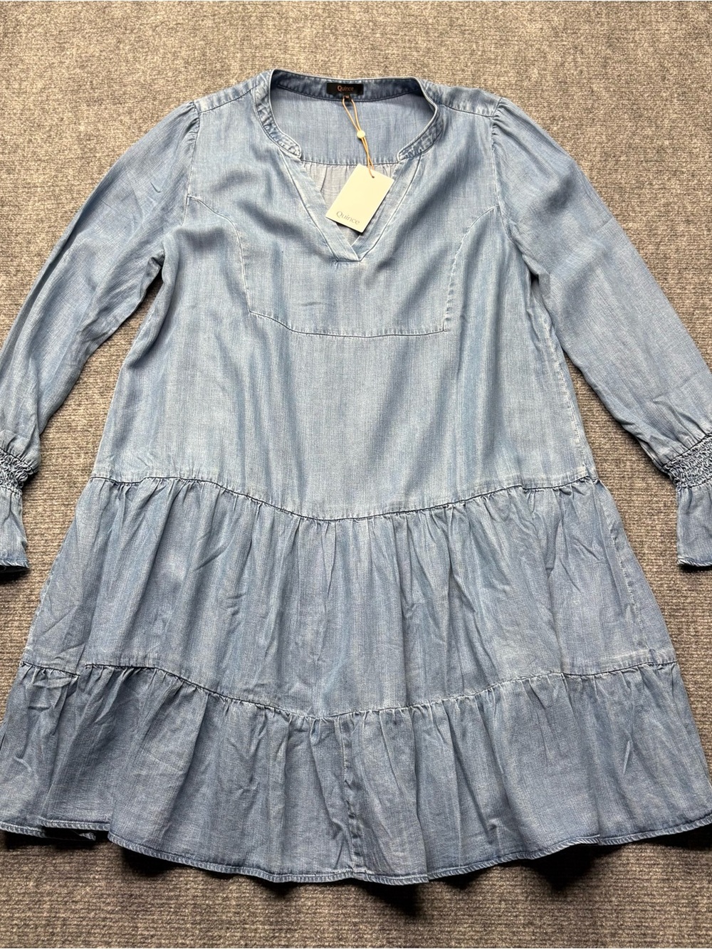 Quince Dress Womens M Blue Chambray Tencel Tiered Long Sleeve Mini BOHO NEW